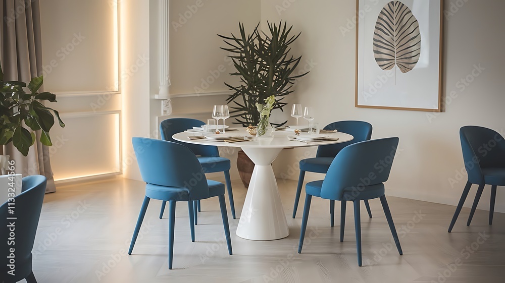 Obraz premium Elegant dining room features blue chairs, a white table, indoor plants, and framed leaf artwork for a fresh, modern look