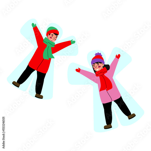 Children make a snow angel. Winter games in the fresh air. Vector illustration in flat style