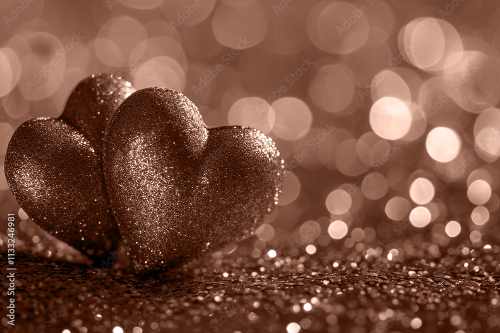 Fototapeta premium Two hearts on a background with romantic blurred bokeh. Valentine's Day.