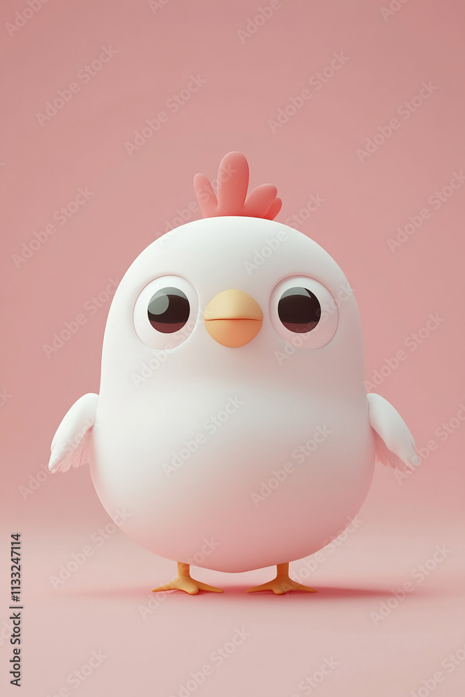 Fototapeta premium Cute cartoon chicken character with big eyes standing against a pink background