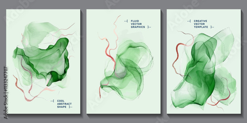 Green cover page templaetd for New Year. Alcohol ink abstract shapes vector set. Business brochure templates creative design. Text places. Ready for use layouts.