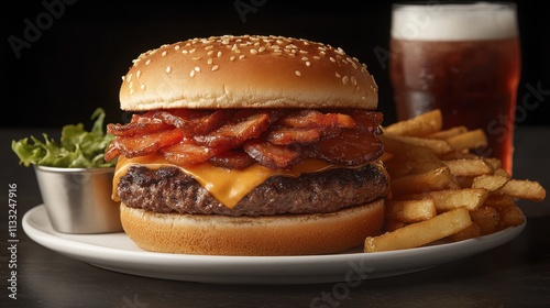 Delicious bacon cheeseburger with fries and a drink. photo