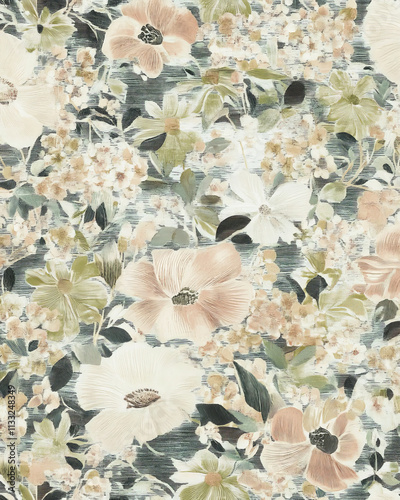 Seamless Floral Pattern with Pastel Tones, Large Blossoms and Green Leaves Art painting Artwork