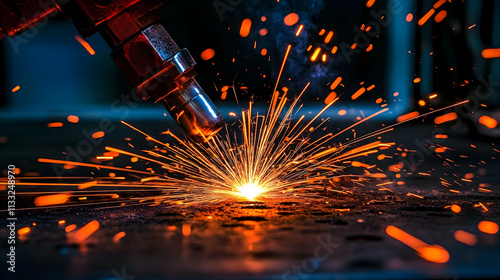 Welding sparks illuminate the dark; metal fabrication process, fiery display of intense heat and energy.