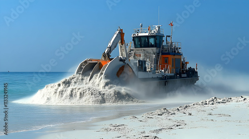 Coastal Dredging Vessel, Powerful Machine Deposits Sand onto Beach photo