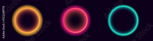 Three colorful neon circles, each glowing in different hues of orange, pink, and teal, set against a dark background.