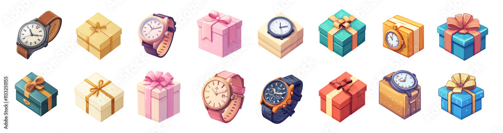 Obraz premium Colorful Gifts and Watches on Transparent Background