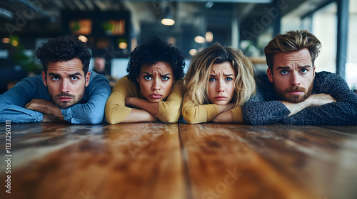 Frustrated Team, Four Colleagues Resting Heads on Table, Showing Disappointment and Exhaustion in Office Setting