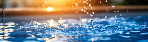 Water Droplets Impacting a Pool at Sunset, A Vibrant, Close-Up Image of Splashing Water and Golden Light