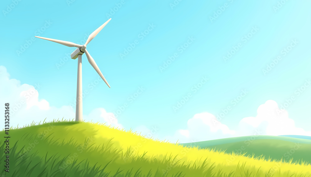 Fototapeta premium Wind turbine on green hill under clear sky in bright atmosphere, representing renewable energy, copy space