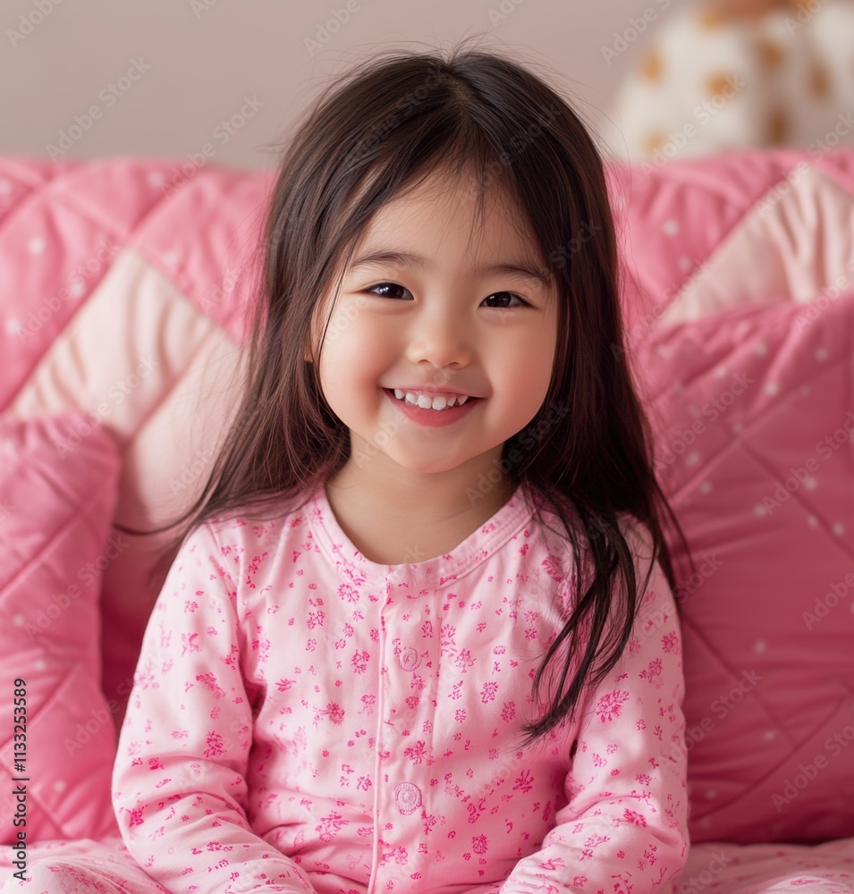Smiling girl in pink pajamas relaxing on a cozy couch Smiling girl in pink pajamas relaxing on a cozy couch