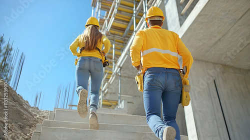 Construction Workers Ascending Stairs at Building Site, Teamwork, Progress, Diligence, Construction Industry