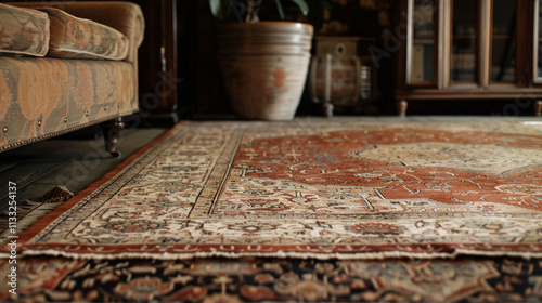 A luxurious antique oriental rug with warm rust, beige, and olive green colors, featuring an intricate all-over pattern of medallions and flowers.