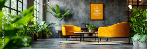 Modern Office Lounge, Yellow Armchairs & Greenery in a Stylish Industrial Setting