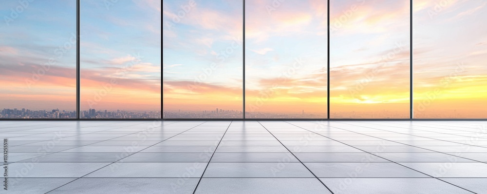 Fototapeta premium A modern interior space with large glass windows showcasing a beautiful sunrise over a city skyline.