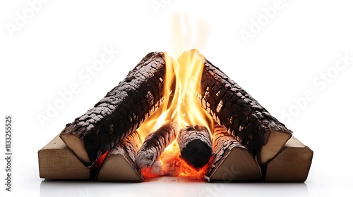7. A chimney with glowing logs and flames flickering vividly on a white background