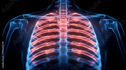 Digital x-ray depicting upper torso anatomy with focus on ribcage and shoulder structure