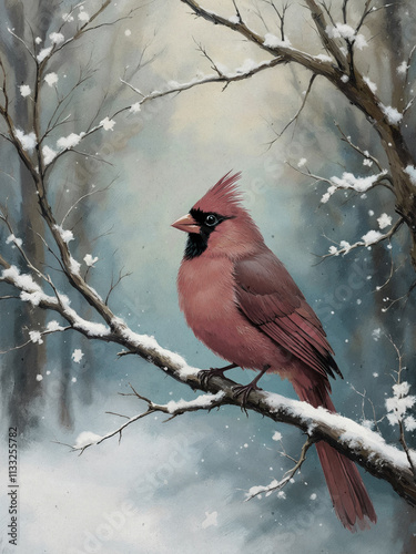 Painting of a red winter cardinal bird sitting on a snow-covered tree branch in the forest with a dark textured blue background; vertical illustration