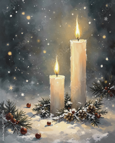 Christmas winter painting of two white lit burning candles with yellow flames, snow falling and green pine branches and pine cones; vertical portrait-style illustration