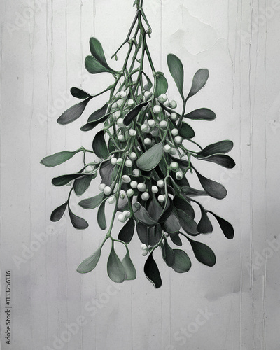 Close-up illustration painting of green Christmas mistletoe hanging upside-down against a textured, grungy white background; vertical artwork print