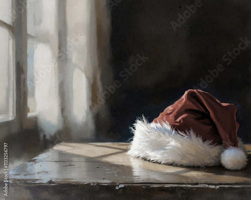 Illustration, painting of a red Santa Claus hat sitting on an old wooden table with the light from the window casting a shadow on it; a horizontal landscape print with copy space