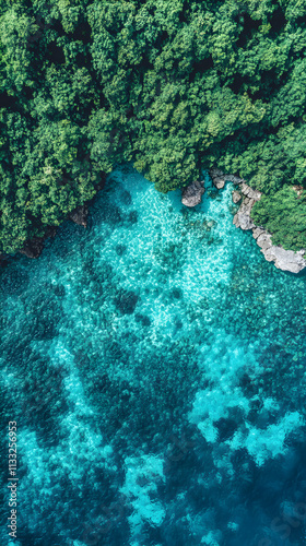Aerial View, Lush Green Forest Meets Turquoise Ocean Waters