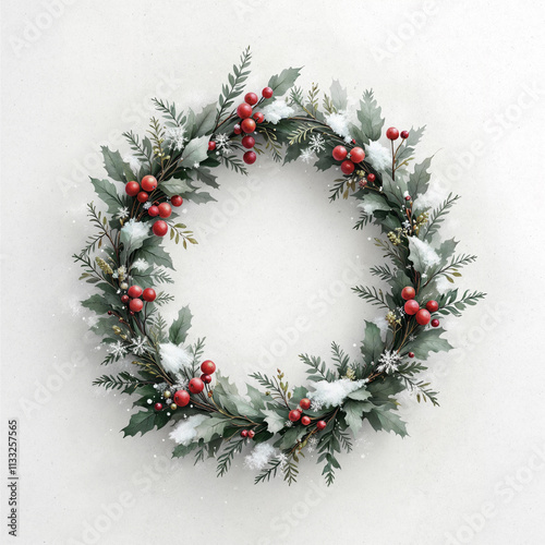 Round circle Christmas wreath illustration isolated against a white textured background with red berries and white snow; square painting