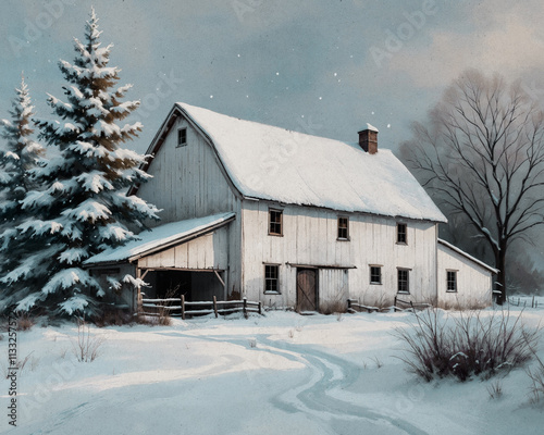 Vintage, old white farmhouse barn painting in the winter with snow; 20x16 print
