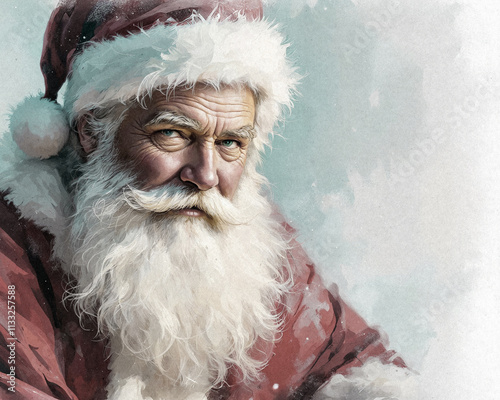 Santa Claus portrait illustration, vintage-style painting with textured blue background