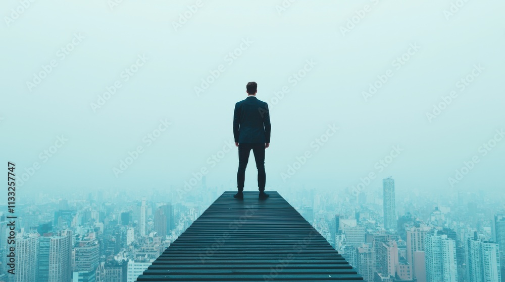 Businessman Standing on Rooftop Edge Overlooking Urban Cityscape in Misty Weather, Symbolizing Ambition, Courage, and Professional Growth in Modern Society Businessman Standing on Rooftop Edge Overlooking Urban Cityscape in Misty Weather, Symbolizing Ambition, Courage, and Professional Growth in Modern Society