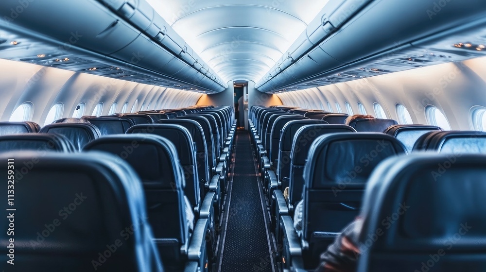 Fototapeta premium Airplane cabin with neat rows of seats, dimmed lighting, and a welcoming environment for travelers.