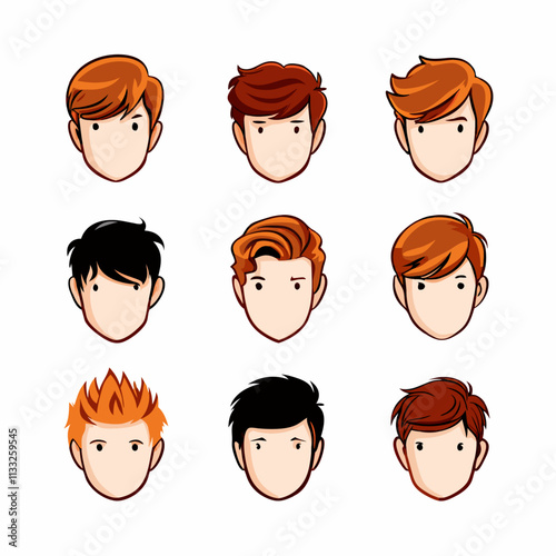 Set of boys faces, human heads. Different vector characters like redhead and brunet, cute teenagers collection vector illustration (1)