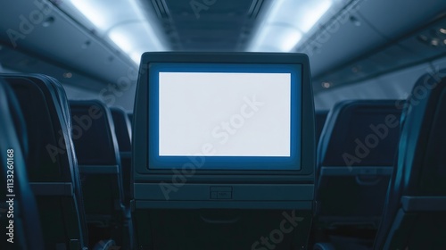 Close-up of a blank LCD screen in an airplane cabin, perfect for in-flight advertisement mockups. Clean and modern setup