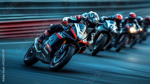 6. A group of motorcyclists speeding on a race track during a competitive event, with the riders in full gear and intense focus photo