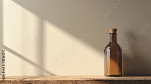 Minimalist glass bottle on a wooden surface with soft shadows photo