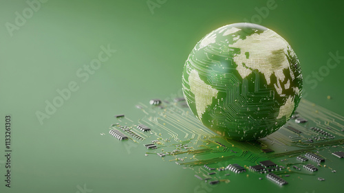 A circuit globe on a circuit board, symbolizing technology and sustainability.