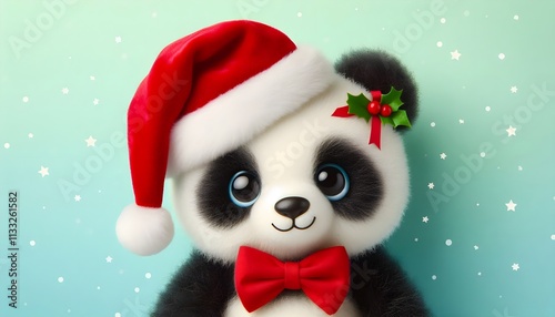 panda new year character, postcard cute little toy in santa claus hat