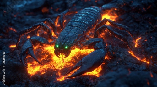 A highly detailed fantasy art piece featuring a menacing scorpion with vibrant green eyes, perched on glowing molten lava, exuding danger and heat.. AI Generation photo