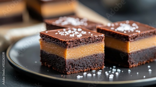 Brownie Desserts with an Artisanal Touch concept. A tempting close-up of layered chocolate and caramel dessert squares, dusted with powdered sugar, served on a sleek black plate.