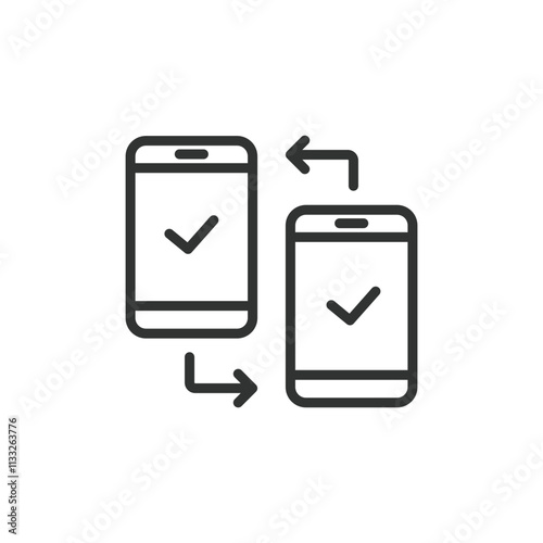 Connecting two phones, icon in line design. Connecting, phones, link, communication, transfer, sync, share on white background vector. Connecting two phones editable stroke icon