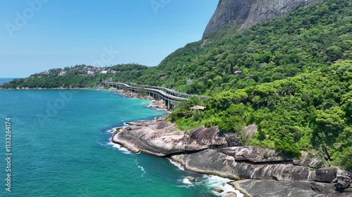 Rio De Janeiro Skyline At Sao Conrado Beach Rio De Janeiro Brazil. Urban Life Landscape Of Freeway Road Connecting City Streets. Coast Sky Seaside Summertime. Coast Outdoors Beach Scenic Coastline. photo