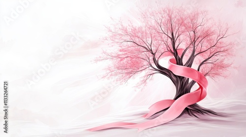 Beautiful pink tree with delicate blossoms and a flowing pink ribbon symbolizing hope and support for breast cancer awareness, set against a soft, dreamy background.