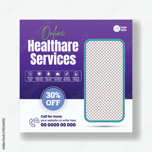 Online Medical Healthcare consultation social media post banner ads template, Promotional Social media post banner for online virtual doctor healthcare service and nursing care ad  with 3d smartphone 