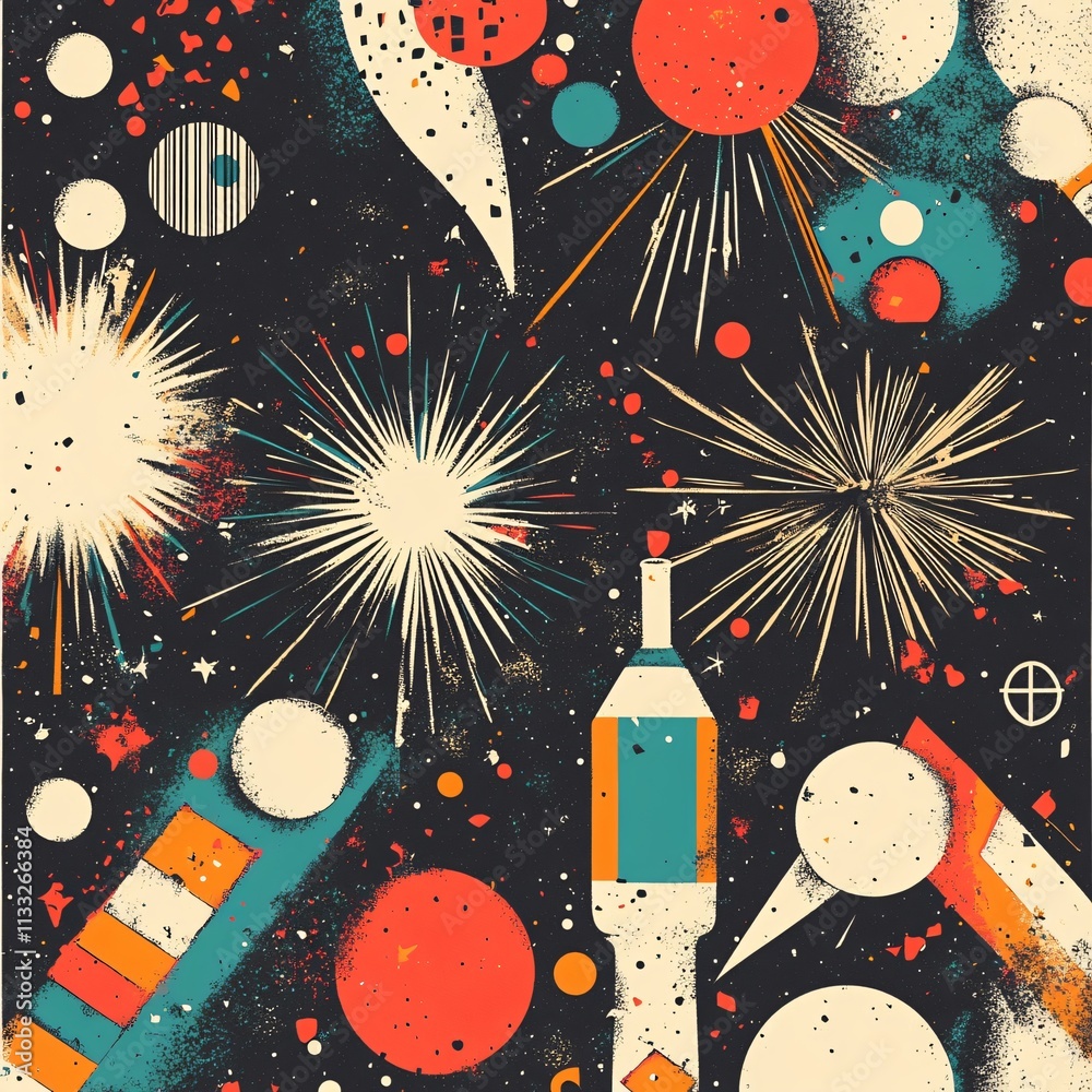 Obraz premium Dynamic celebration of cosmic elements abstract space digital art vibrant colors aerial perspective festive design inspiration