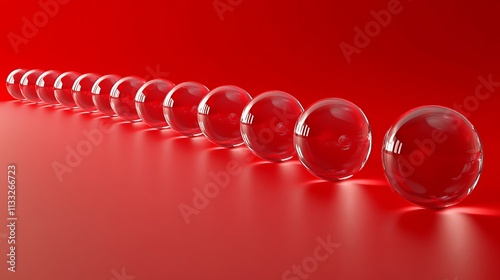26. A diagonal line of transparent balls gradually increasing in size on a red background