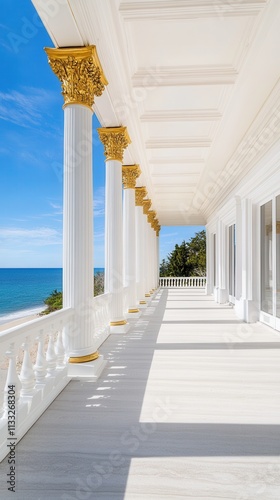 neoclassical estate gold pillars terraces ocean view panoramic luxurious photo