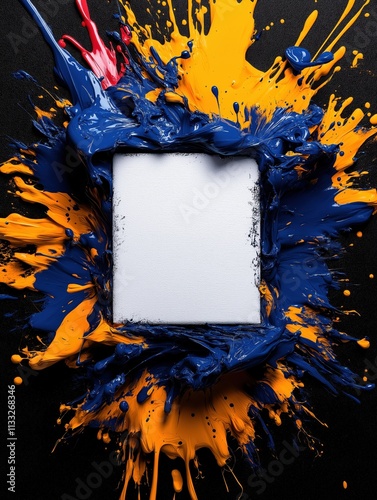 Vibrant splashes of blue and orange paint frame a blank canvas on black background photo