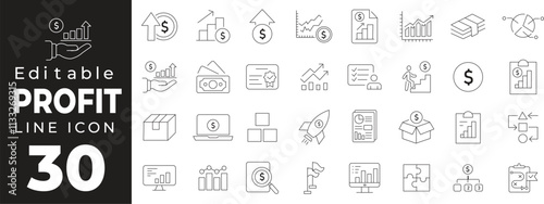 Financial profit set of web icons in line style. Money income linear icon collection. Containing money savings, finance, growth, investment, payment, earnings, management and more. Editable stroke