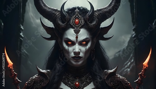 Lilith Diablo IV: Queen of the Succubi, Dark Fantasy Portrait, Glowing Eyes, Intricate Horns, Demonic Empress photo