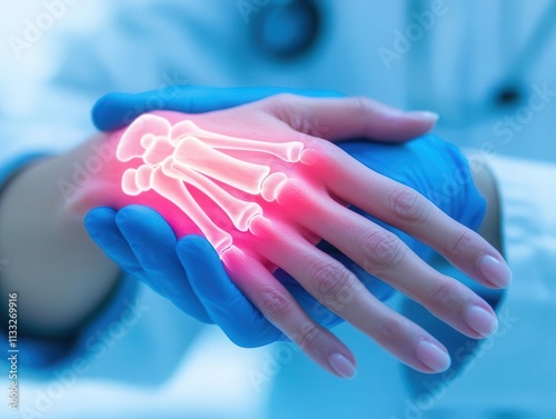 Doctor examining a patient s hand with a medical diagram of carpal tunnel syndrome in the background